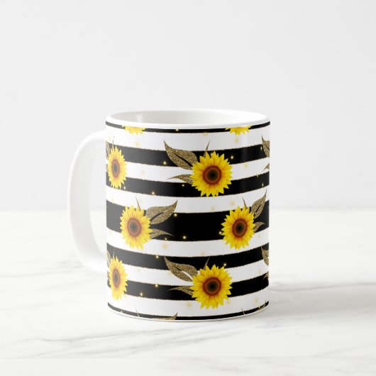 Zonnebloemen met zwarte en witte horizontale lijne koffiemok (Voorkant links)