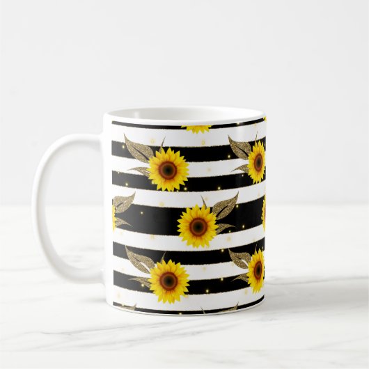 Zonnebloemen met zwarte en witte horizontale lijne koffiemok (Links)