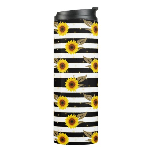 Zonnebloemen met zwarte en witte horizontale lijne thermosbeker (Gedraaid links)