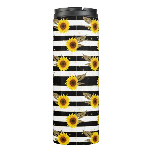 Zonnebloemen met zwarte en witte horizontale lijne thermosbeker (Achterkant)