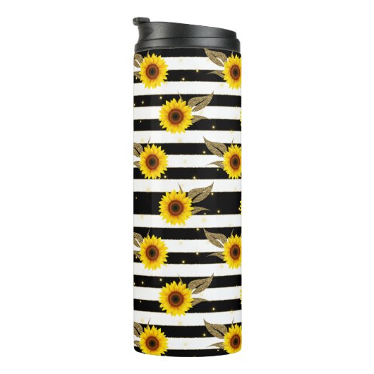 Zonnebloemen met zwarte en witte horizontale lijne thermosbeker (Geroteerd rechts)