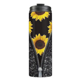 Zonnebloemen met zwarte glitter in Zipper Design Thermosbeker