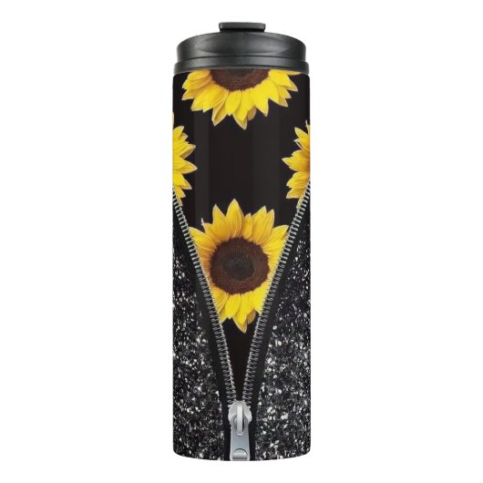 Zonnebloemen met zwarte glitter in Zipper Design Thermosbeker (Voorkant)