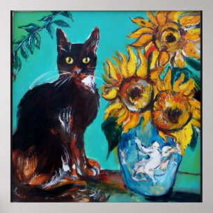 ZONNEBLOEMEN MET ZWARTE KAT IN BLAUW TURKOOIS POSTER