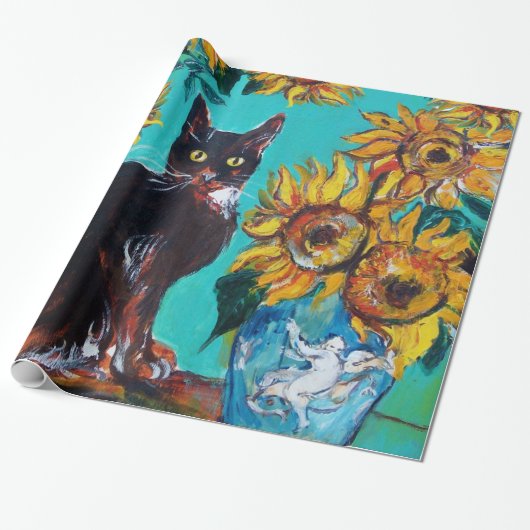 ZONNEBLOEMEN MET ZWARTE KAT IN BLAUW TURQUOISE CADEAUPAPIER (Uitgerold)