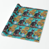 ZONNEBLOEMEN MET ZWARTE KAT IN BLAUW TURQUOISE CADEAUPAPIER (Uitgerold)