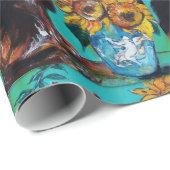 ZONNEBLOEMEN MET ZWARTE KAT IN BLAUW TURQUOISE CADEAUPAPIER (Rol Hoek)