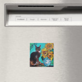 ZONNEBLOEMEN MET ZWARTE KAT IN BLAUW TURQUOISE MAGNEET (Insitu (Vaatwasser))