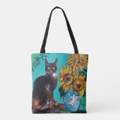 ZONNEBLOEMEN MET ZWARTE KAT IN BLAUW TURQUOISE TOTE BAG (Achterkant)