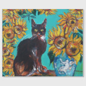 ZONNEBLOEMEN MET ZWARTE KAT IN BLAUWE TURQUOISE CADEAUPAPIER (Vlak)