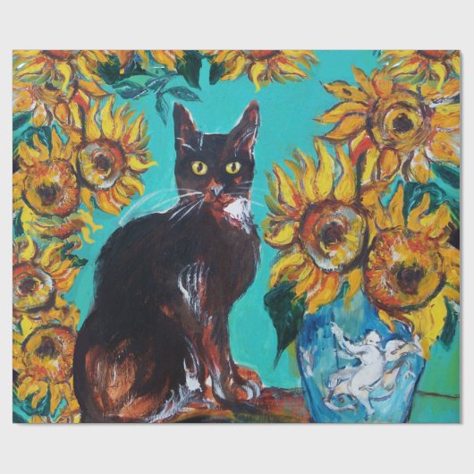 ZONNEBLOEMEN MET ZWARTE KAT IN BLAUWE TURQUOISE CADEAUPAPIER (Vlak)