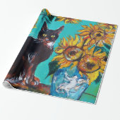 ZONNEBLOEMEN MET ZWARTE KAT IN BLAUWE TURQUOISE CADEAUPAPIER (Uitgerold)