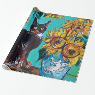 ZONNEBLOEMEN MET ZWARTE KAT IN BLAUWE TURQUOISE CADEAUPAPIER
