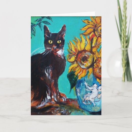ZONNEBLOEMEN MET ZWARTE KAT IN BLAUWE TURQUOISE KAART (Voorkant)