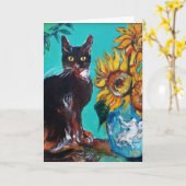 ZONNEBLOEMEN MET ZWARTE KAT IN BLAUWE TURQUOISE KAART (Gele Bloem)