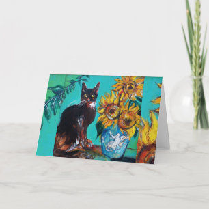 ZONNEBLOEMEN MET ZWARTE KAT IN BLAUWE TURQUOISE KAART