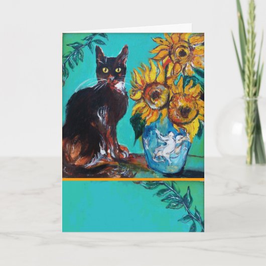 ZONNEBLOEMEN MET ZWARTE KAT IN BLAUWE TURQUOISE KAART (Voorkant)