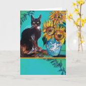 ZONNEBLOEMEN MET ZWARTE KAT IN BLAUWE TURQUOISE KAART (Gele Bloem)