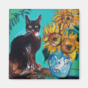 ZONNEBLOEMEN MET ZWARTE KAT IN BLAUWE TURQUOISE MAGNEET