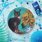 ZONNEBLOEMEN MET ZWARTE KAT IN BLAUWE TURQUOISE PAPIEREN BORDJE (Feest)