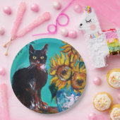 ZONNEBLOEMEN MET ZWARTE KAT IN BLAUWE TURQUOISE PAPIEREN BORDJE (Feest)