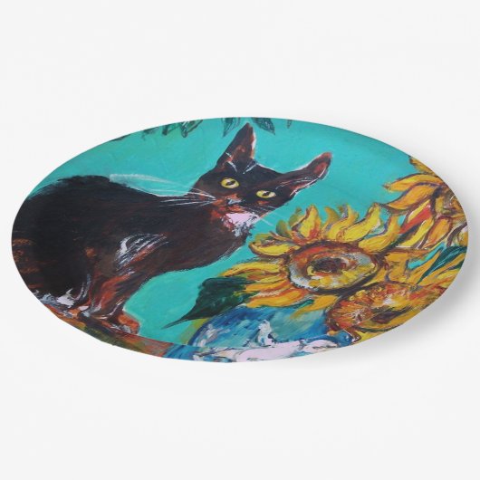 ZONNEBLOEMEN MET ZWARTE KAT IN BLAUWE TURQUOISE PAPIEREN BORDJE (Gekanteld)