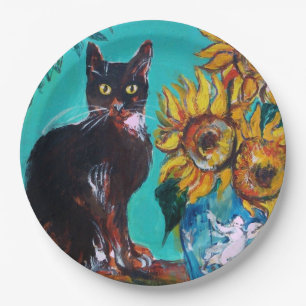 ZONNEBLOEMEN MET ZWARTE KAT IN BLAUWE TURQUOISE  PAPIEREN BORDJE
