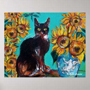 ZONNEBLOEMEN MET ZWARTE KAT IN BLAUWE TURQUOISE POSTER