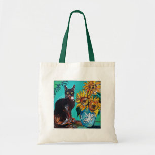 ZONNEBLOEMEN MET ZWARTE KAT IN BLAUWE TURQUOISE TOTE BAG
