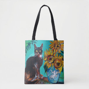 ZONNEBLOEMEN MET ZWARTE KAT IN BLAUWE TURQUOISE TOTE BAG