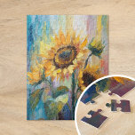 Zonnebloemen Moderne Abstracte Bloemen Schilderij Legpuzzel<br><div class="desc">Een levendige abstracte impressionistische stijl schilderij van zonnebloemen. Het kunstwerk heeft getextureerde penseelstreken in vetgele, blauwe en groene tinten. Het dynamische penseelwerk en de levendige kleuren creëer geven een gevoel van beweging, en vangen de schoonheid en energie van de zonnebloemen in een frisse, eigentijdse stijl. De rijke texturen en expressieve...</div>