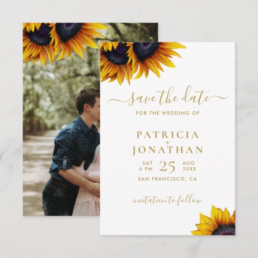 Zonnebloemen moderne FOTO save the date bruiloft (Voorkant / Achterkant)
