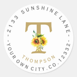 Zonnebloemen Monogram Cirkelvormig Adreslabel met  Ronde Sticker