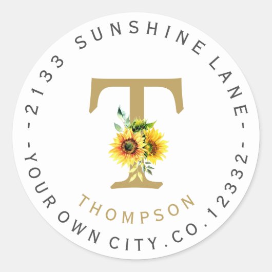 Zonnebloemen Monogram Cirkelvormig Adreslabel met  Ronde Sticker (Voorkant)