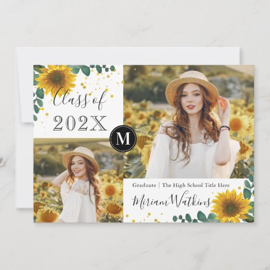 Zonnebloemen Monogram Fotoaankondiging Afstuderen Aankondiging (Voorkant)