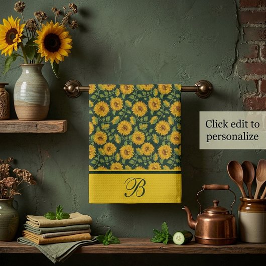 Zonnebloemen monogram keukenhanddoek