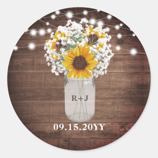 Zonnebloemen Monogram Mason Jar Vaas Lichten Bruil Ronde Sticker (Voorkant)