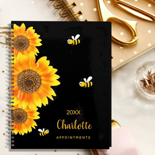 Zonnebloemen monogram schattige bijen zwart planner
