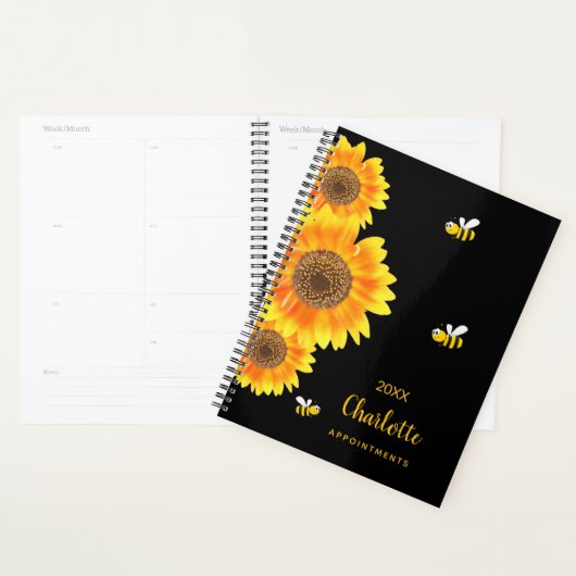 Zonnebloemen monogram schattige bijen zwart planner (Display)