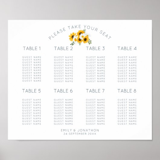 Zonnebloemen Motif 8 Tabel 80 Square Seating Chart Poster (Voorkant)