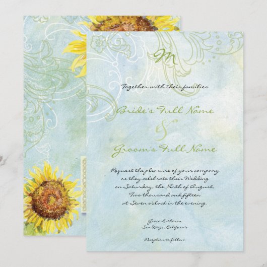 Zonnebloemen 'n Zwemelen, huwelijksuitnodiging Kaart (Voorkant / Achterkant)