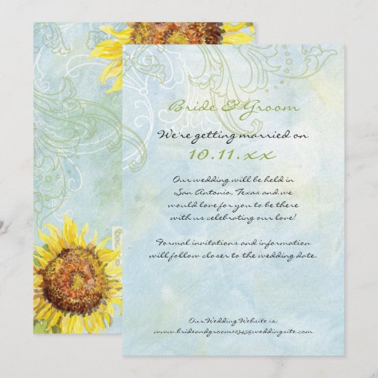 Zonnebloemen 'n Zwemelen, huwelijksuitnodiging Save The Date (Voorkant / Achterkant)