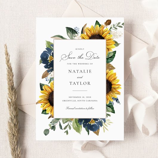 Zonnebloemen Navy Blauwe Bloemen Groene Save the D Kaart