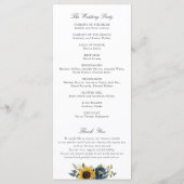 Zonnebloemen Navy Blauwe Bloemen Rustieke Trouwdag Programmakaart (Achterkant)