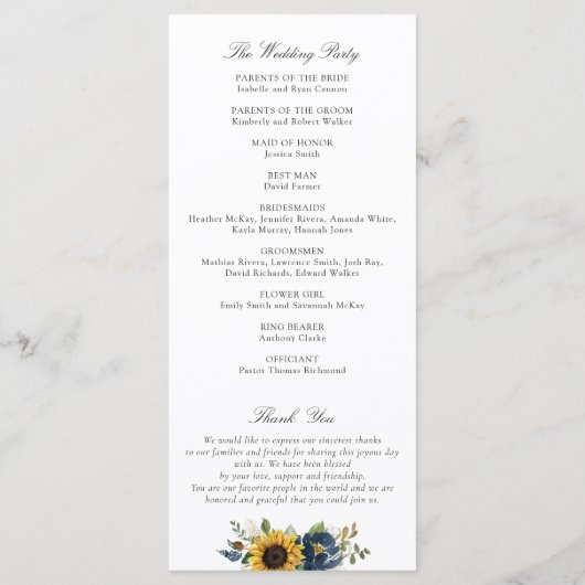 Zonnebloemen Navy Blauwe Bloemen Rustieke Trouwdag Programmakaart (Achterkant)