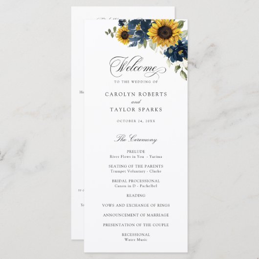 Zonnebloemen Navy Blauwe Bloemen Rustieke Trouwdag Programmakaart (Voorkant / Achterkant)