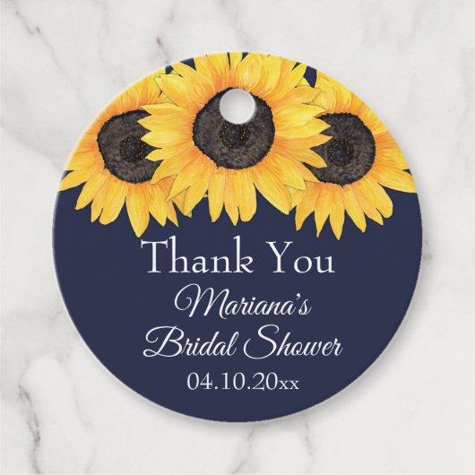 Zonnebloemen Navy Blauwe Bruiloftsborrel Bedankjes Labels (Voorkant)