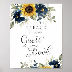 Zonnebloemen Navy Blauwe Groene Huwelijksgastenboe Poster