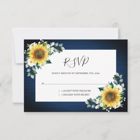 Zonnebloemen Navy Blue Bloemen Geometrische bruilo RSVP Kaartje (Achterkant)