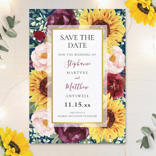 Zonnebloemen Navy Blue Burgundy Gold Weddenschap Save The Date